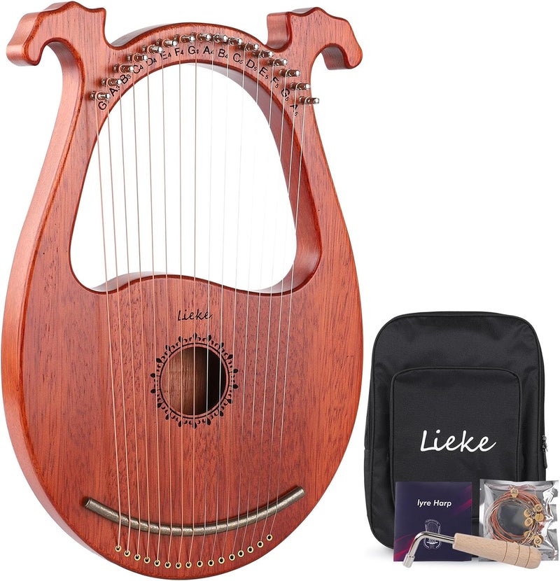 LIEKE Lyre Harp 16 Metal Strings,Mahogany Body and Copper Saddle,Mini Harp instrument Gift with Bag Tuning Wrench for Beginner Musician - Image 1